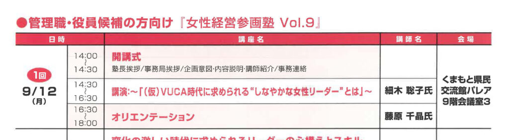 熊本県 熊本県経営者協会主催 22女性リーダー養成講座 の管理職 役員候補向け講演において 株式会社リノパートナーズ代表取締役 細木聡子が登壇します 株式会社リノパートナーズ